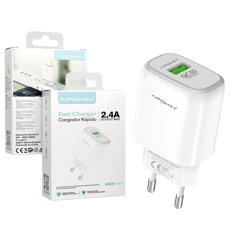 Cargador USB-A 18W/3.0A Sin Cable APOKIN PC883Y - Blanco