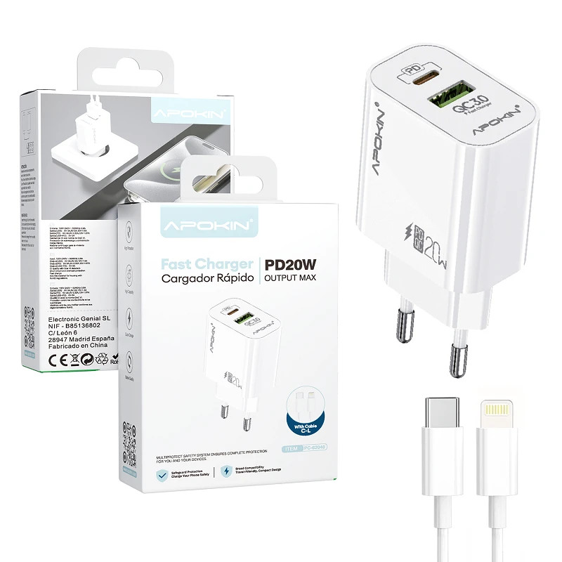 Cargador USB-A + PD Tipo-C 20W Cable Tipo-C a Lightning APOKIN - Blanco