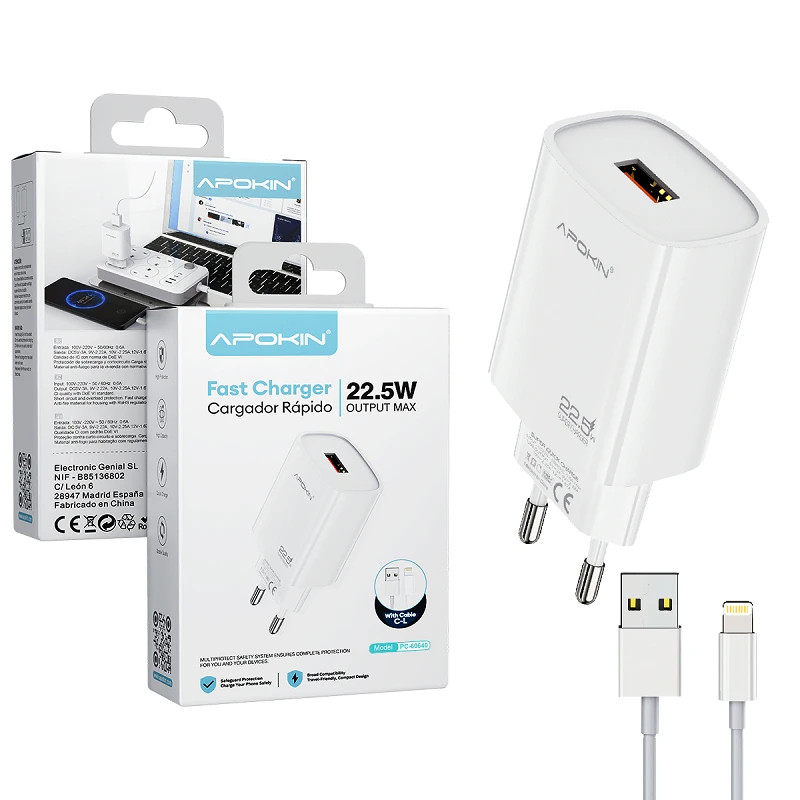 Cargador USB-A Cable Lightning 22.5W APOKIN - Blanco
