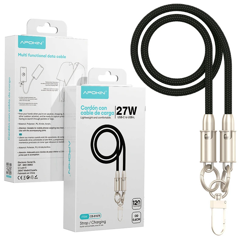 Apokin Cordon-Cable 2en1 27W 120cm de Tipo- C a Lightning Negro