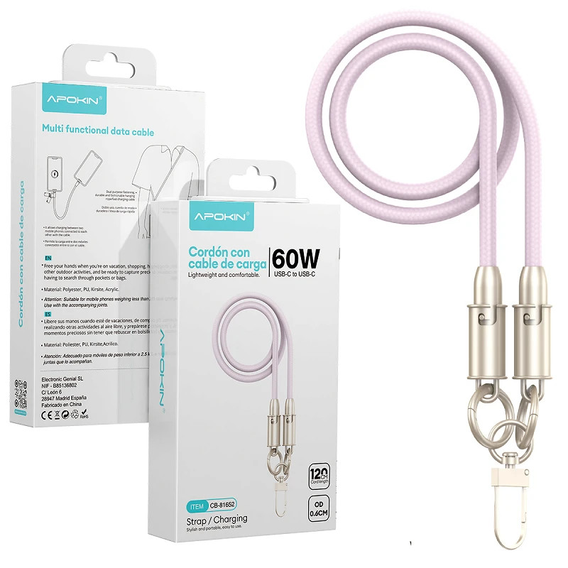 Apokin Cordon-Cable 2en1 60W 120cm de Tipo- C a Tipo-C Rosa