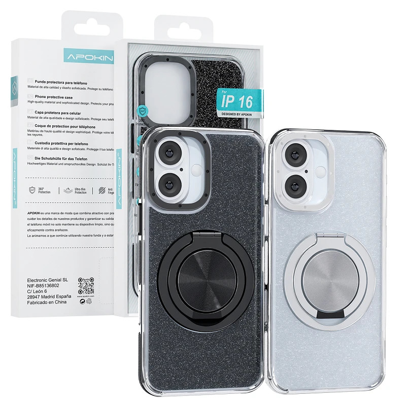 Funda Purpurina con Soporte 360 Apokin iPhone 16 2 Colores